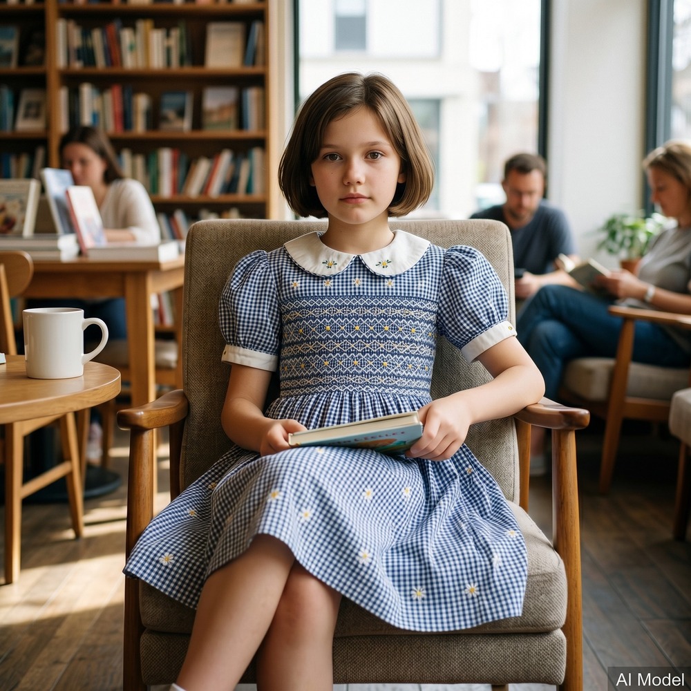 Linen & Things Smocked Dress Kids 9 Navy Gingham Floral Hand Embroidered Vintage